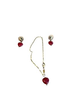 Gold Chain Necklace and Stud Earrings Set with Red Heart Charms gold plated